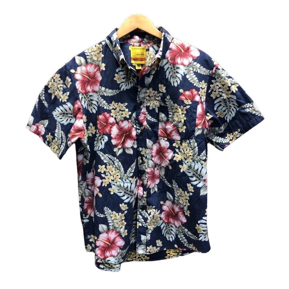 Lands' End With Hoffman Fabrics Size Large (L) 16-16.5 Blue Hawaiin Tropical But